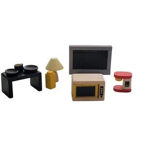 Plan Toys - Wooden Dollhouse Furniture Accessories TV Coffee Table Lamp READ